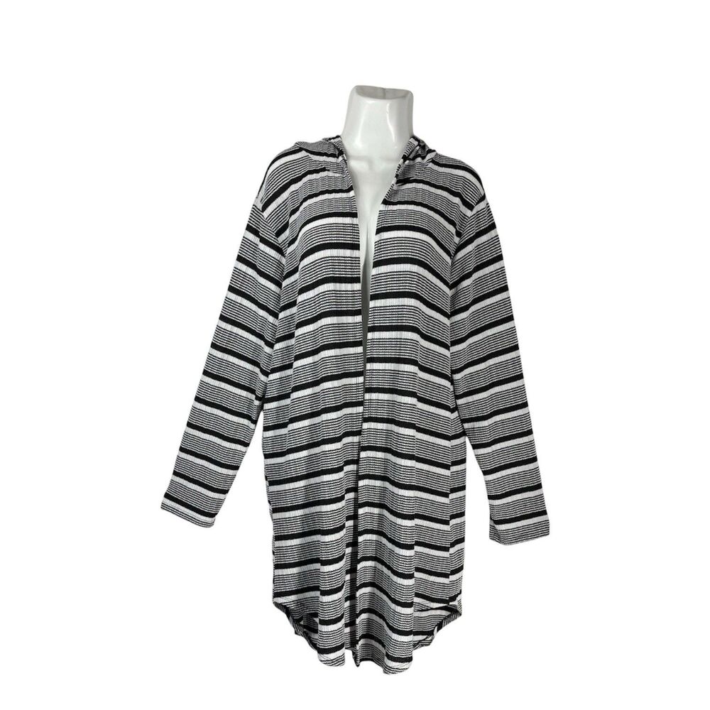 Scarlett Duster Cardigan Sz 3X Black White Stripe Open Long Sleeve Light Hooded